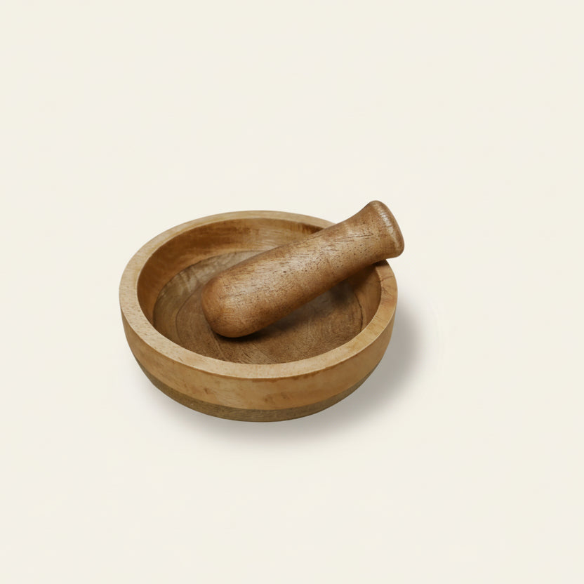 Vijzel met stamper - mangohout laag model (16 cm)