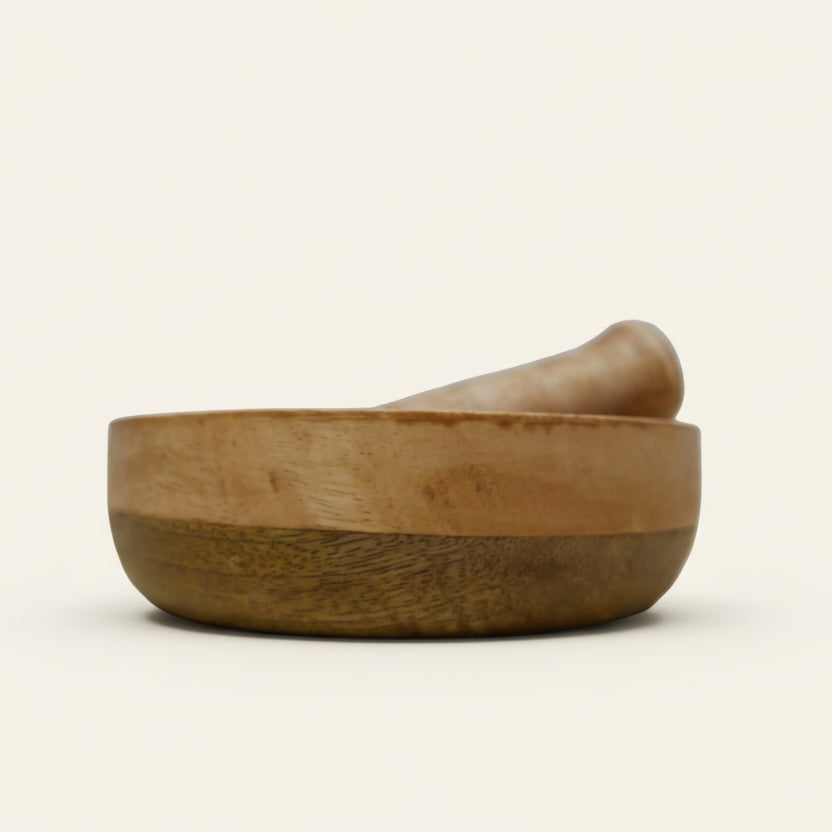 Vijzel met stamper - mangohout laag model (16 cm)