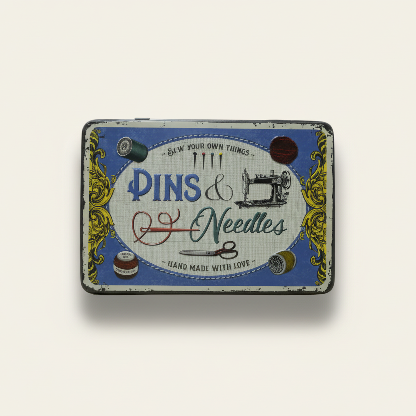 Blik voor naaibenodigdheden - plat model (vintage)